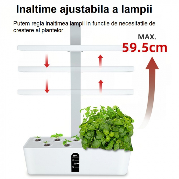 Set ghiveci hidroponic cu lampa de crestere a plantelor AxaCube®, 9 orificii plante, pompa oxigenare apa, 68 LED-uri, 15W, timer, alb [7]