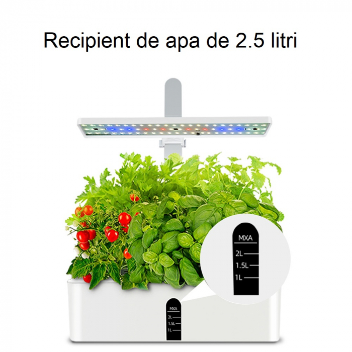 Set ghiveci hidroponic cu lampa de crestere a plantelor AxaCube®, 9 orificii plante, pompa oxigenare apa, 68 LED-uri, 15W, timer, alb [10]