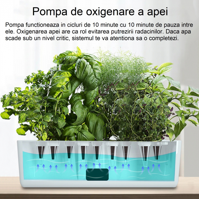 Set ghiveci hidroponic cu lampa de crestere a plantelor AxaCube®, 9 orificii plante, pompa oxigenare apa, 68 LED-uri, 15W, timer, alb [3]