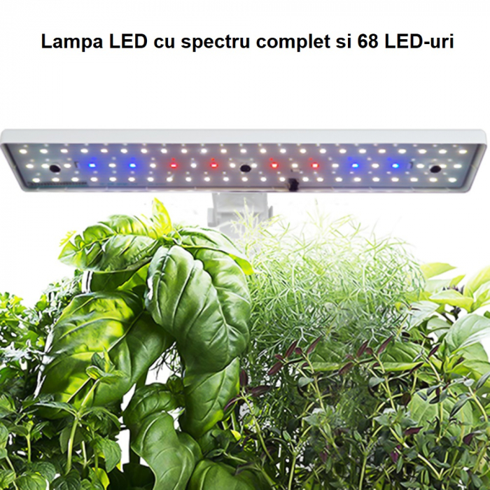Set ghiveci hidroponic cu lampa de crestere a plantelor AxaCube®, 9 orificii plante, pompa oxigenare apa, 68 LED-uri, 15W, timer, alb [4]