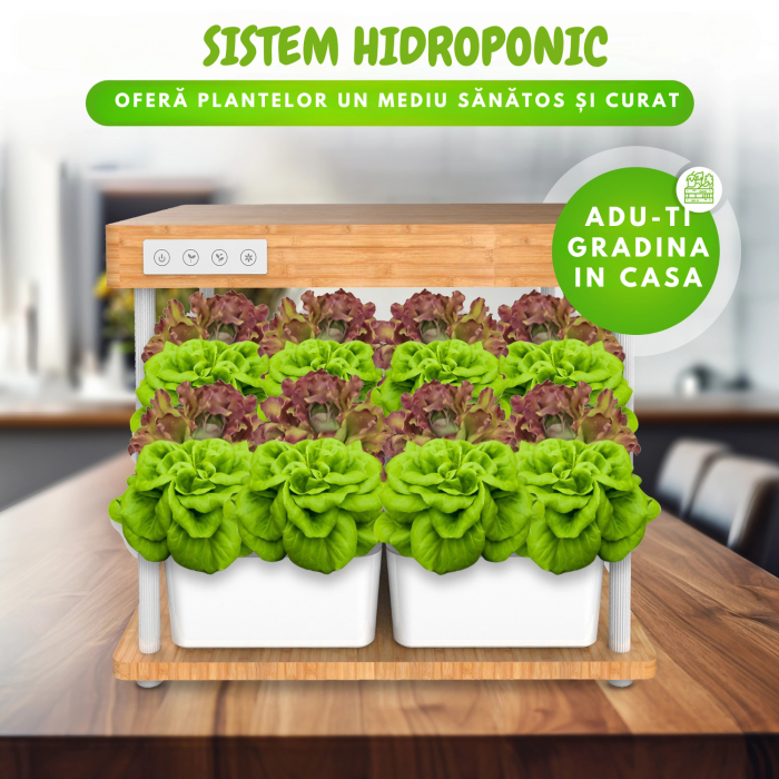 Set ghiveci hidroponic cu lampa led de crestere AxaCube, smart, 16 orificii plante, 3 cicluri de crestere, 2 ghivece 3.5 litri, suport din bambus, pompa oxigenare apa, 200 leduri, 36W, 47x37x38.5 cm [2]