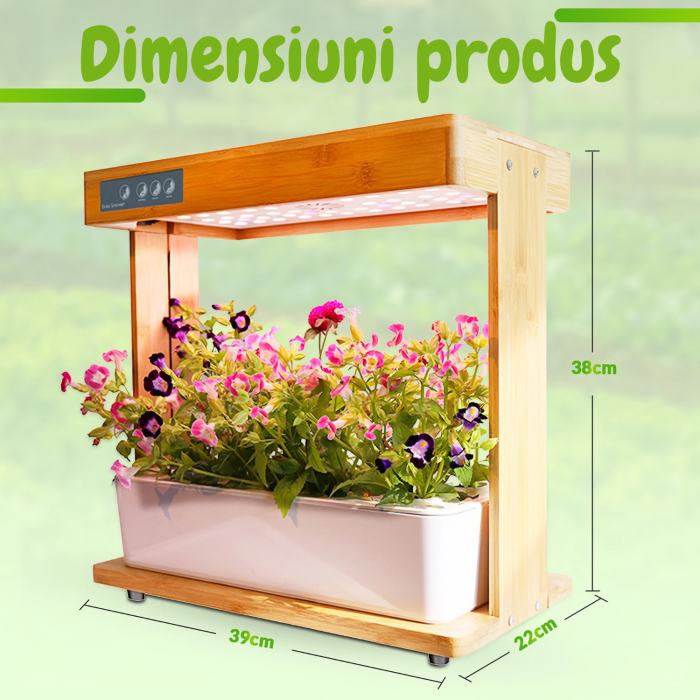 Set ghiveci hidroponic cu lampa led de crestere AxaCube, smart, 8 orificii plante, 3 cicluri de crestere, 3.5 litri, suport din bambus, pompa oxigenare apa, 100 leduri, 24W, 39x38x22 cm [5]