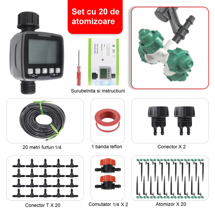 Sistem de irigare automat AxaCube pentru gradina, set cu 20 de atomizoare, senzor de ploaie, display LCD, IPX5, fixare la robinet [9]