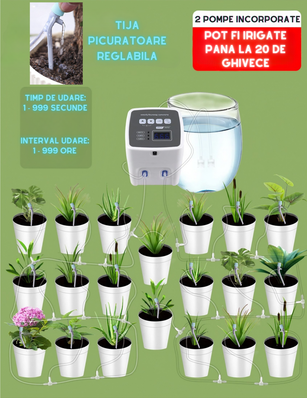 Sistem de irigare automat AxaCube pentru plante, set pentru 20 ghivece, 2 pompe incorporate, udare prin picurare, picuratoare reglabile, temporizator, alimentare prin baterii sau conectare la retea, i [8]