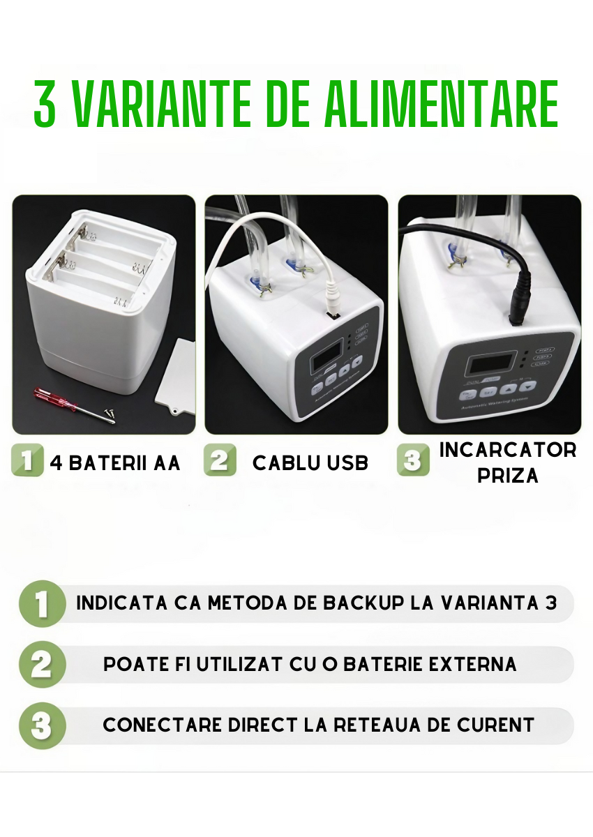 Sistem de irigare automat AxaCube pentru plante, set pentru 20 ghivece, 2 pompe incorporate, udare prin picurare, picuratoare reglabile, temporizator, alimentare prin baterii sau conectare la retea, i [4]
