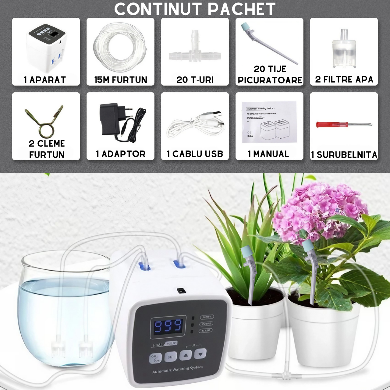 Sistem de irigare automat AxaCube pentru plante, set pentru 20 ghivece, 2 pompe incorporate, udare prin picurare, picuratoare reglabile, temporizator, alimentare prin baterii sau conectare la retea, i [2]