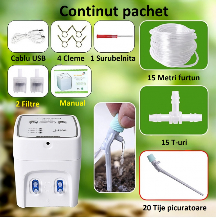 Sistem de irigare automat AxaCube pentru plante, WiFi 2.4 Ghz, set pentru 20 de ghivece, udare prin picurare, 2 pompe incorporate, temporizator, alimentare prin baterii sau conectare la retea [8]