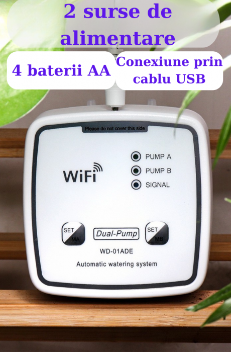Sistem de irigare automat AxaCube pentru plante, WiFi 2.4 Ghz, set pentru 20 de ghivece, udare prin picurare, 2 pompe incorporate, temporizator, alimentare prin baterii sau conectare la retea [7]