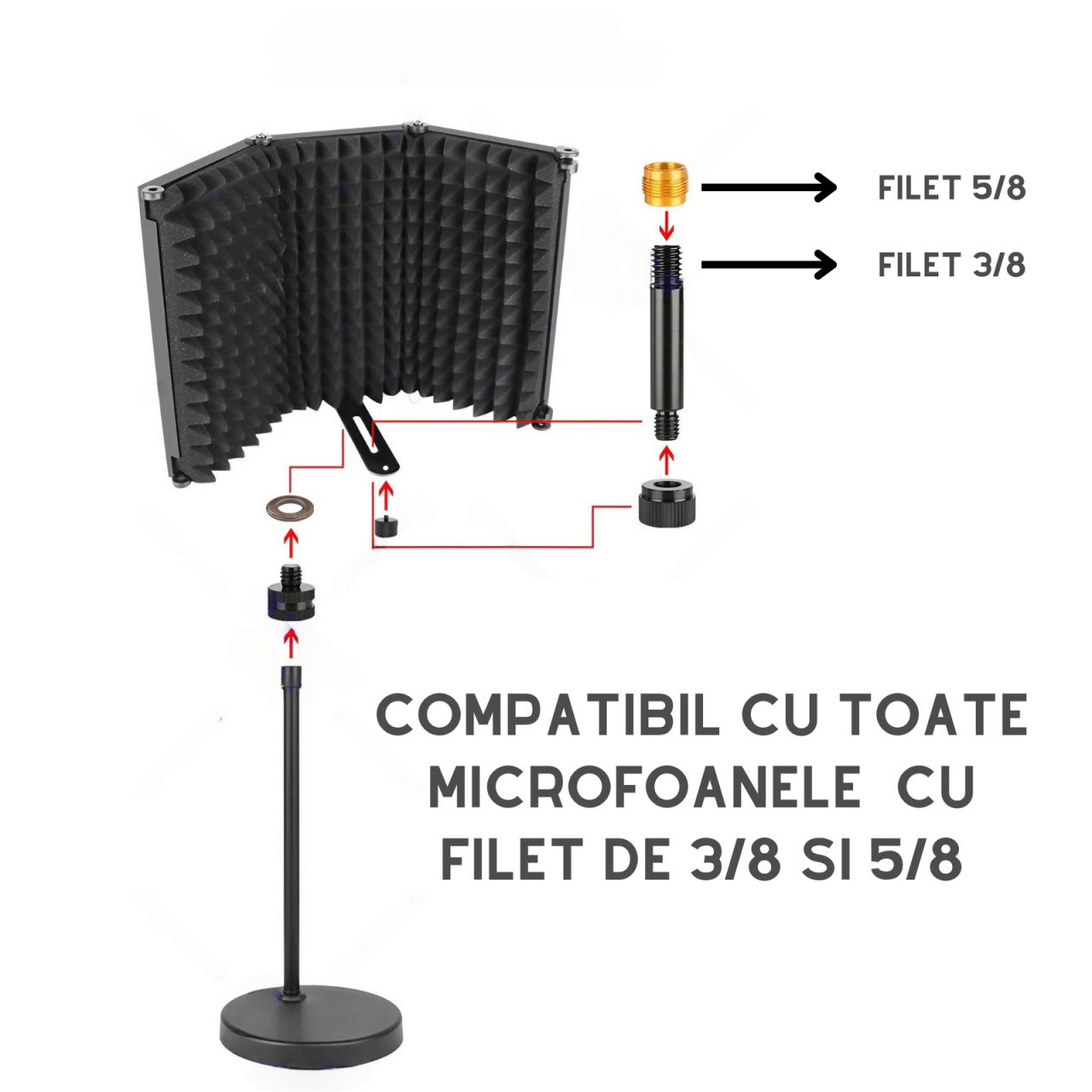 Suport de birou pentru microfon AxaCube® cu panou acustic, anti-ecou, burete antifonic, baza metalica, reglabil, pentru inregistrari, podcast, streaming [4]