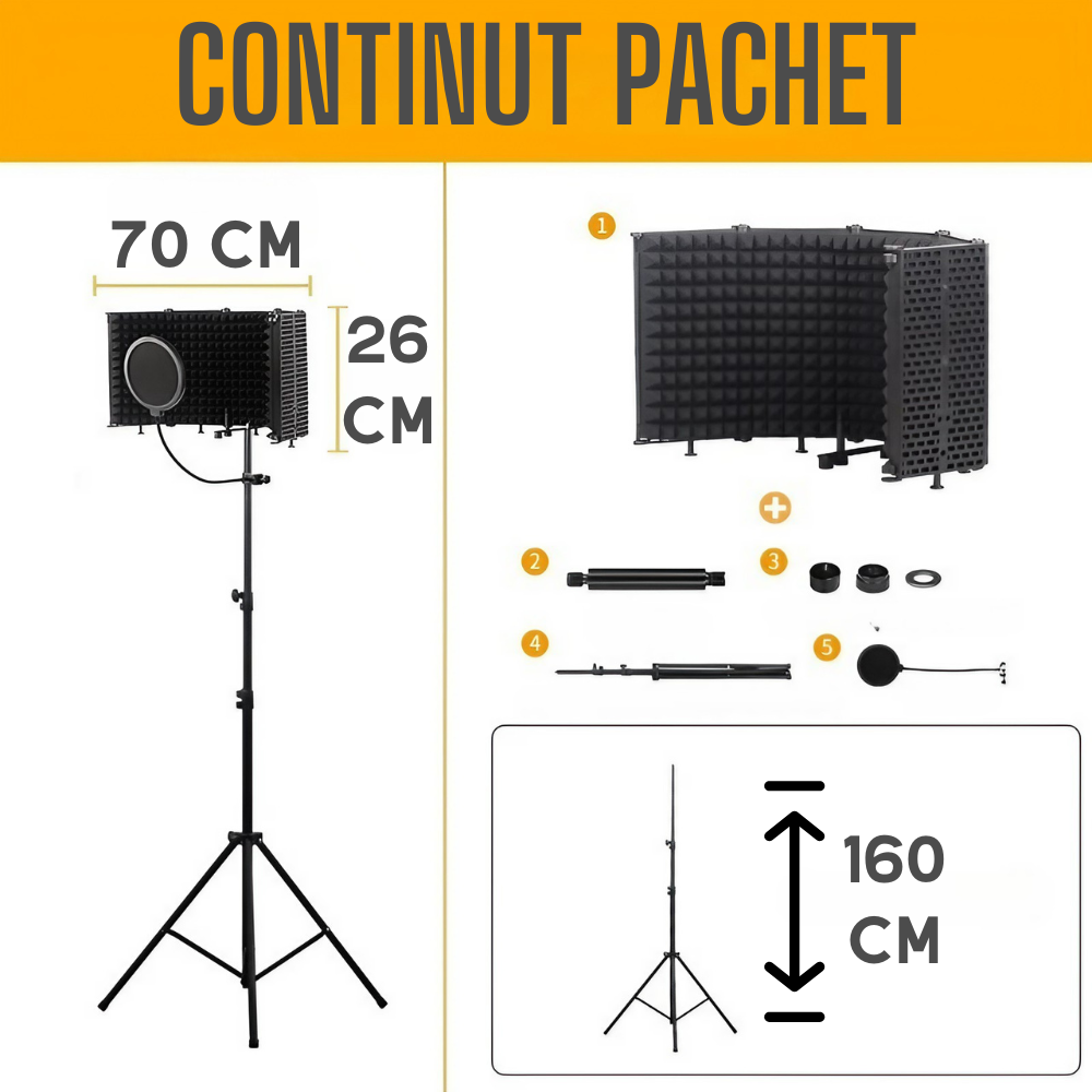 Suport de podea pentru microfon AxaCube® cu panou acustic si filtru pop, anti-ecou, burete antifonic, reglabil, pentru inregistrari, cantat, streaming [5]