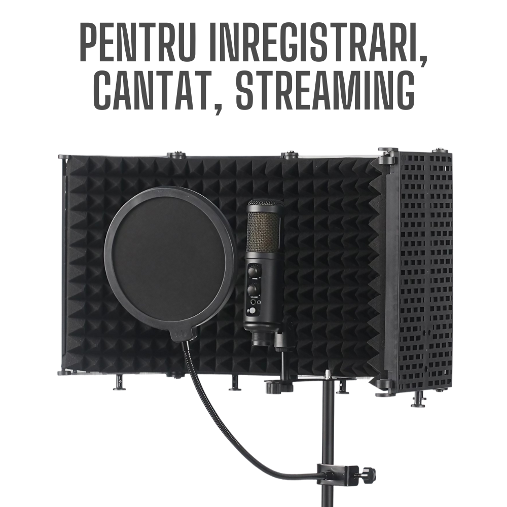 Suport de podea pentru microfon AxaCube® cu panou acustic si filtru pop, anti-ecou, burete antifonic, reglabil, pentru inregistrari, cantat, streaming [7]