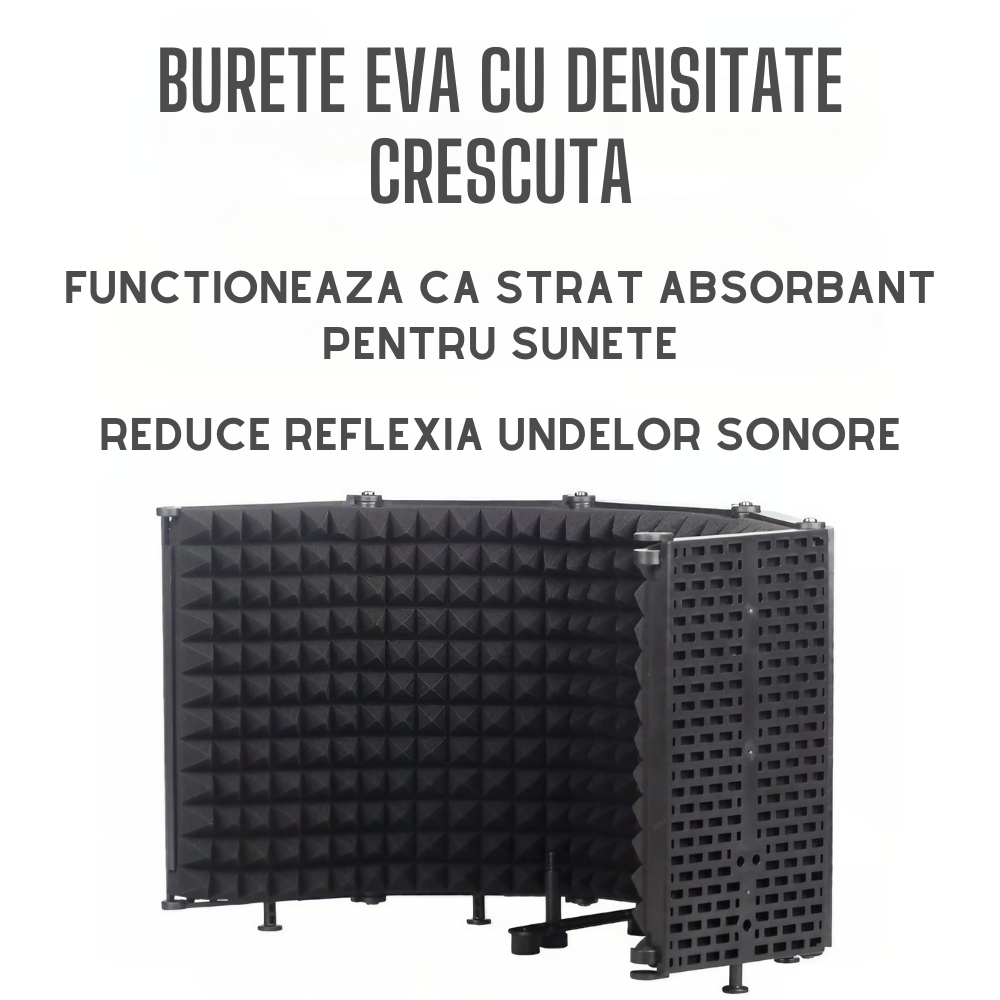 Suport de podea pentru microfon AxaCube® cu panou acustic si filtru pop, anti-ecou, burete antifonic, reglabil, pentru inregistrari, cantat, streaming [6]