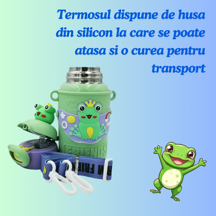 Termos cu husa pentru copii AxaCube®, 450 ml, interior otel inoxidabil 316, pai de silicon alimentar, perete dublu cu vid, model broscuta [5]