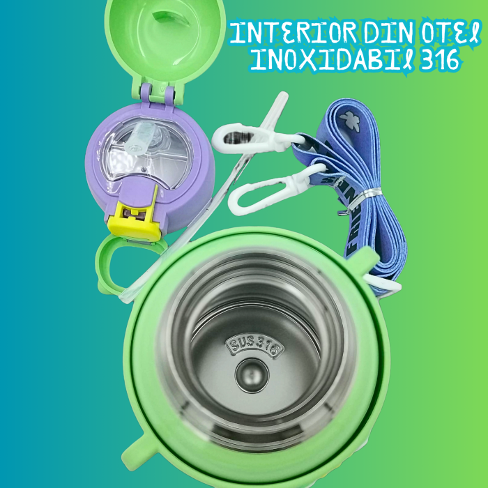 Termos cu husa pentru copii AxaCube®, 450 ml, interior otel inoxidabil 316, pai de silicon alimentar, perete dublu cu vid, model broscuta [3]