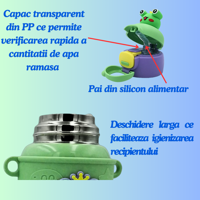 Termos cu husa pentru copii AxaCube®, 450 ml, interior otel inoxidabil 316, pai de silicon alimentar, perete dublu cu vid, model broscuta [6]
