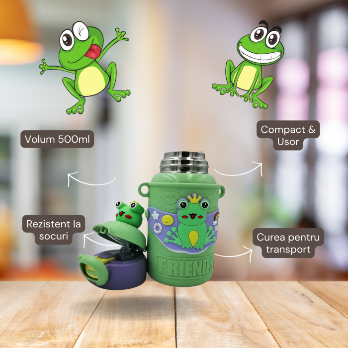 Termos cu husa pentru copii AxaCube®, 450 ml, interior otel inoxidabil 316, pai de silicon alimentar, perete dublu cu vid, model broscuta [2]