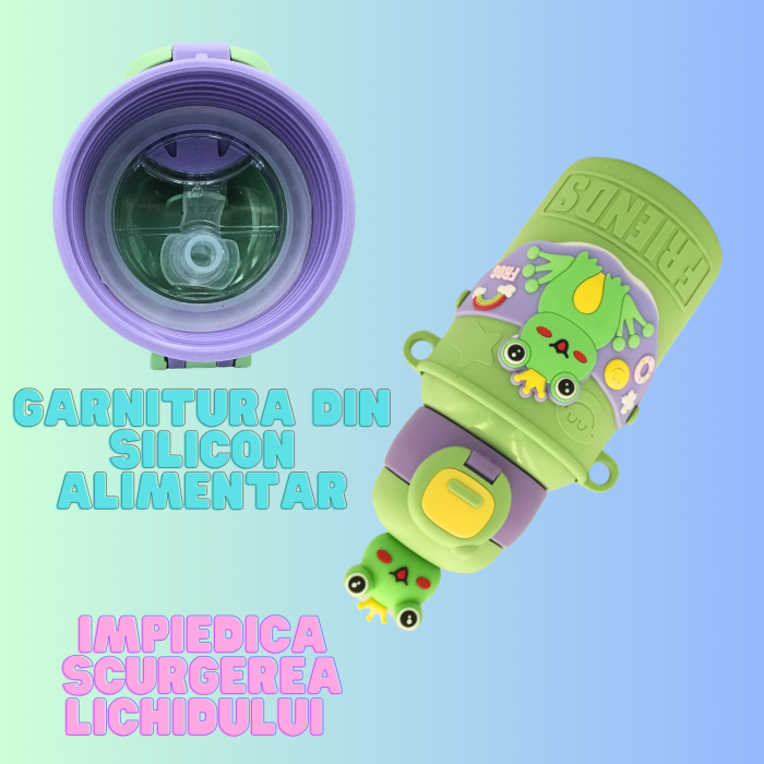 Termos cu husa pentru copii AxaCube®, 450 ml, interior otel inoxidabil 316, pai de silicon alimentar, perete dublu cu vid, model broscuta [4]