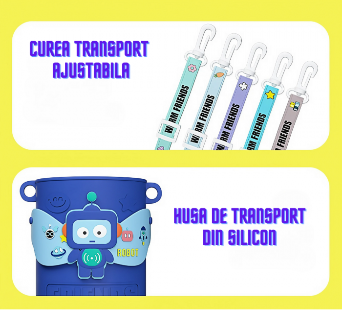 Termos cu husa pentru copii AxaCube®, 450 ml, interior otel inoxidabil 316, pai de silicon alimentar, perete dublu cu vid, model robotel [2]