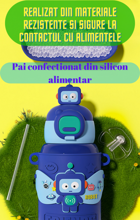Termos cu husa pentru copii AxaCube®, 450 ml, interior otel inoxidabil 316, pai de silicon alimentar, perete dublu cu vid, model robotel [5]
