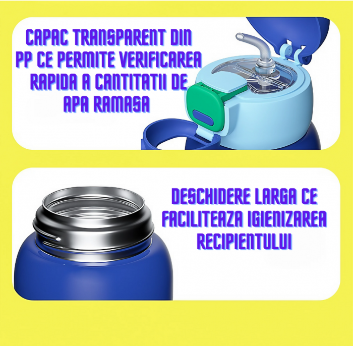 Termos cu husa pentru copii AxaCube®, 450 ml, interior otel inoxidabil 316, pai de silicon alimentar, perete dublu cu vid, model robotel [3]