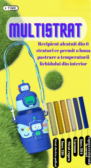Termos cu husa pentru copii AxaCube®, 450 ml, interior otel inoxidabil 316, pai de silicon alimentar, perete dublu cu vid, model robotel [7]