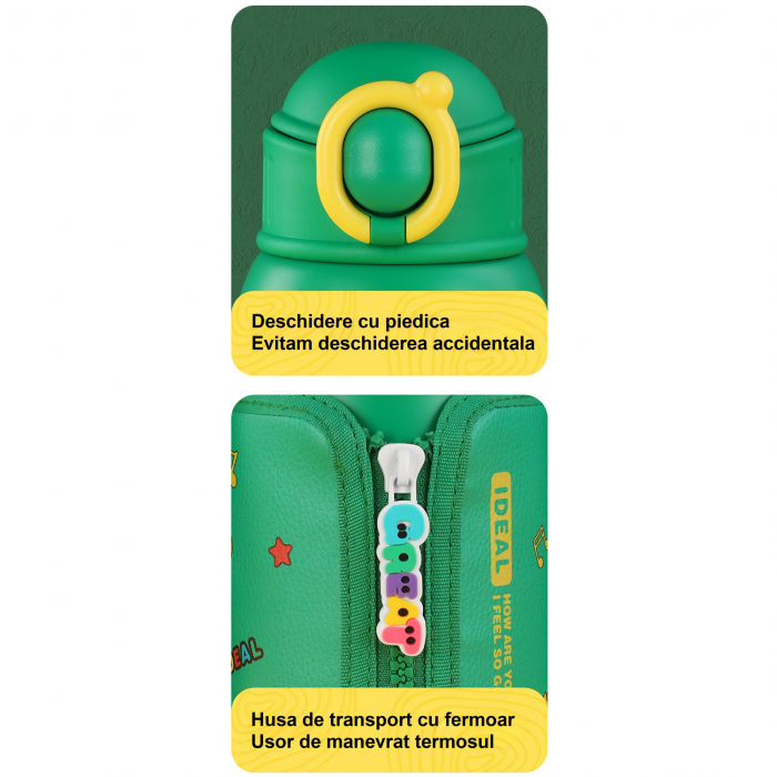 Termos cu husa pentru copii AxaCube®, 500 ml, interior otel inoxidabil 316, pai de silicon alimentar, capac tip cana, perete dublu cu vid, verde [11]