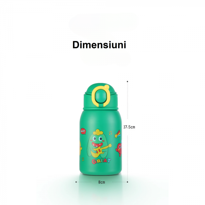 Termos cu husa pentru copii AxaCube®, 500 ml, interior otel inoxidabil 316, pai de silicon alimentar, capac tip cana, perete dublu cu vid, verde [5]