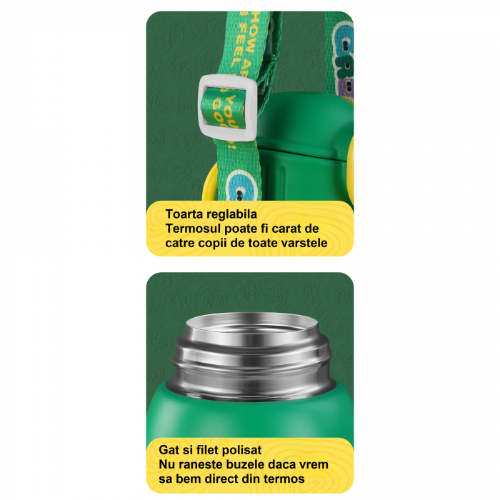 Termos cu husa pentru copii AxaCube®, 500 ml, interior otel inoxidabil 316, pai de silicon alimentar, capac tip cana, perete dublu cu vid, verde [6]