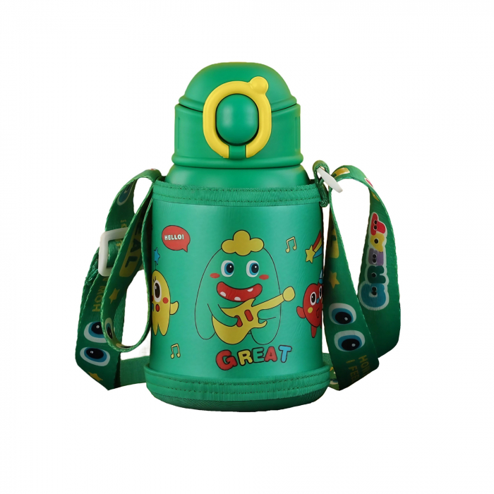 Termos cu husa pentru copii AxaCube®, 500 ml, interior otel inoxidabil 316, pai de silicon alimentar, capac tip cana, perete dublu cu vid, verde [1]