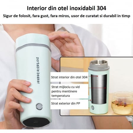 Cana termos electrica AxaCube®, pentru masina, alimentare priza auto 12v, interior inox 304, izolare termica cu vid, capacitate 350 ml, verde [7]