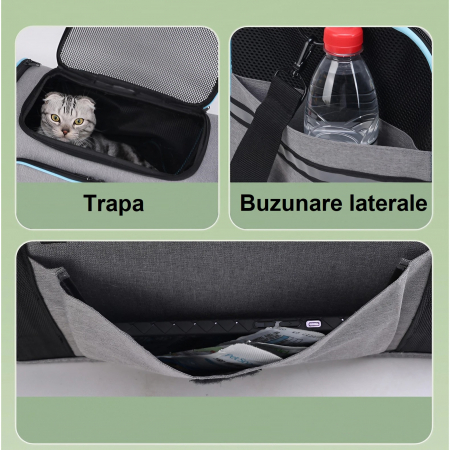 Geanta de transport pentru animale de companie mici AxaCube®, pisici, caini, laterale extensibile, plasa de aerisire, pliabila, baza rezistenta, buzunare laterale, 47 X 28 X 28 cm [13]
