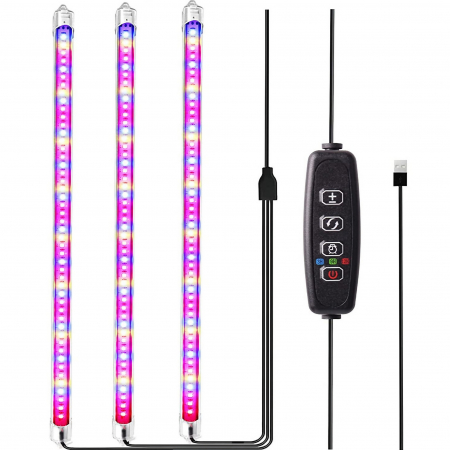 Ingrijire plante - Kit 3 benzi LED pentru cresterea plantelor AxaCube®, 144 leduri, 22.5 W, 900 lumeni, IP44, timer, reglare culoare si intensitate luminoasa, telecomanda pe fir, alimentare USB