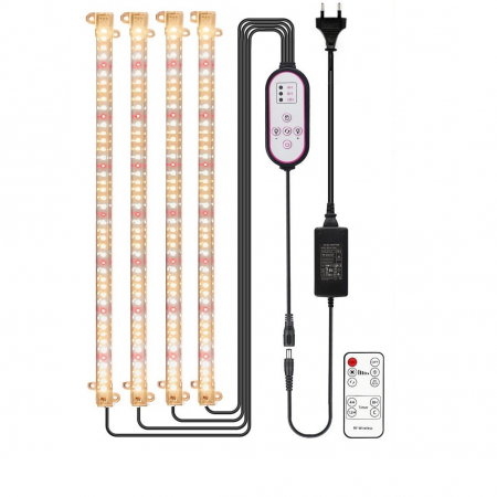 Ingrijire plante - Kit 4 benzi LED pentru cresterea plantelor AxaCube®, 192 leduri, 30 W, 3200 lumeni, IP65, timer, reglare culoare si intensitate luminoasa, control prin telecomanda IR si pe fir, alimentare 12V