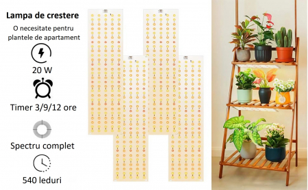 Kit 4 lampi cu lumina pentru cresterea plantelor AxaCube®, 20W, 540 leduri, dimabile, telecomanda pe fir, timer, 30 x 8 cm [4]