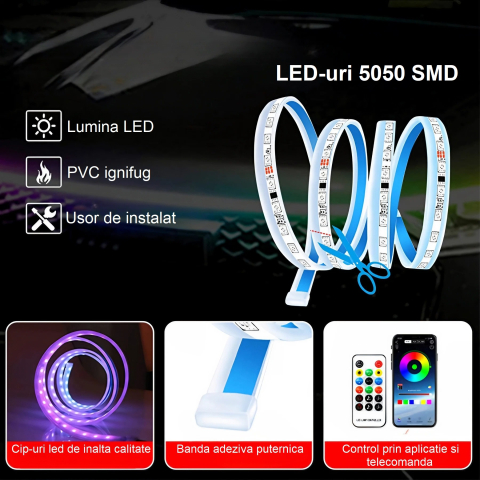 Kit banda led auto AxaCube® cu montare sub capota masinii, RGB, control prin aplicatie dedicata si telecomanda, joc de lumini, rezistenta la apa, 120 cm [2]
