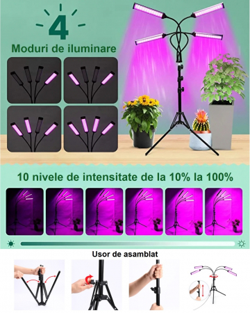 Lampa led cu 4 capete luminoase pentru cresterea plantelor AxaCube®, 35W, lumina rosie si albastra, 420 de LED-uri SMD 2835, control prin telecomanda, reglare intensitate luminoasa si inaltime stativ [9]