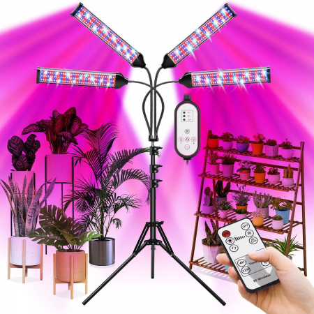 Ingrijire plante - Lampa led cu 4 capete luminoase pentru cresterea plantelor AxaCube®, 35W, lumina rosie si albastra, 420 de LED-uri SMD 2835, control prin telecomanda, reglare intensitate luminoasa si inaltime stativ
