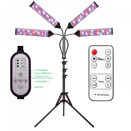 Lampa led cu 4 capete luminoase pentru cresterea plantelor AxaCube®, 35W, lumina rosie si albastra, 420 de LED-uri SMD 2835, control prin telecomanda, reglare intensitate luminoasa si inaltime stativ [2]