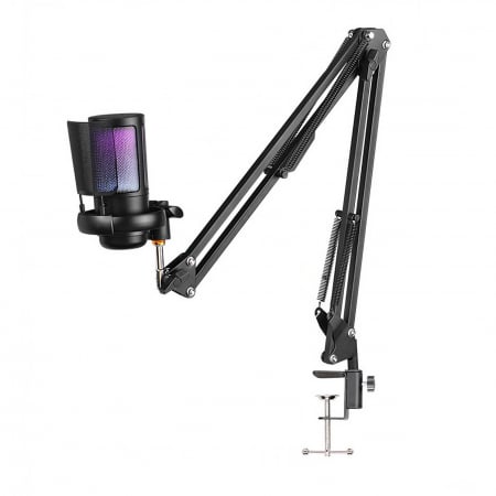 Microfoane PC - Microfon condensator AxaCube® pentru gaming, youtube, zoom, reducere zgomot fundal, functie mute, cardioid, lumina RGB, filtru pop, brat ajustabil, capsula 14 mm, compatibil Windows, MacOS, PS4, PS5