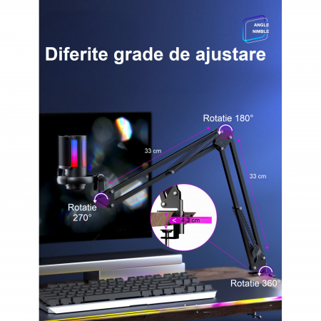 Microfon condensator AxaCube® pentru gaming, youtube, zoom, reducere zgomot fundal, functie mute, cardioid, lumina RGB, filtru pop, brat ajustabil, capsula 14 mm, compatibil Windows, MacOS, PS4, PS5 [6]