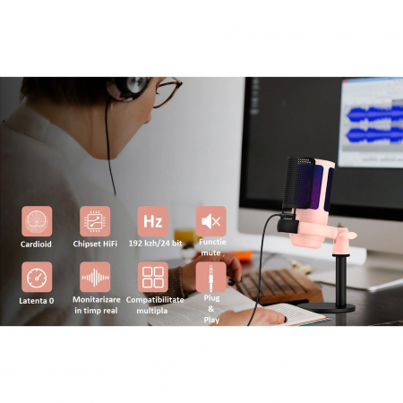 Microfon condensator AxaCube® pentru gaming, inregistrari, streaming, youtube, zoom, reducere zgomot fundal, functie mute, cardioid, lumina RGB, filtru pop, compatibil Windows, MacOS, PS4, PS5, conexi [7]