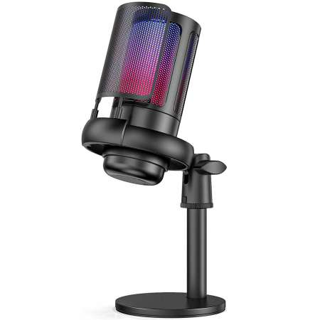 Microfoane PC - Microfon condensator AxaCube® pentru gaming, inregistrari, streaming, youtube, zoom, reducere zgomot fundal, functie mute, cardioid, lumina RGB, filtru pop, compatibil Windows, MacOS, PS4, PS5, conexi