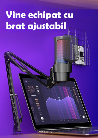 Microfon condensator AxaCube® pentru gaming, youtube, zoom, reducere zgomot fundal, functie mute, cardioid, lumina RGB, filtru pop, brat ajustabil, capsula 14mm, compatibil Windows, MacOS, PS4, PS5 [3]