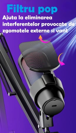 Microfon condensator AxaCube® pentru gaming, youtube, zoom, reducere zgomot fundal, functie mute, cardioid, lumina RGB, filtru pop, brat ajustabil, capsula 14mm, compatibil Windows, MacOS, PS4, PS5 [7]