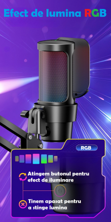 Microfon condensator AxaCube® pentru gaming, youtube, zoom, reducere zgomot fundal, functie mute, cardioid, lumina RGB, filtru pop, brat ajustabil, capsula 14mm, compatibil Windows, MacOS, PS4, PS5 [2]