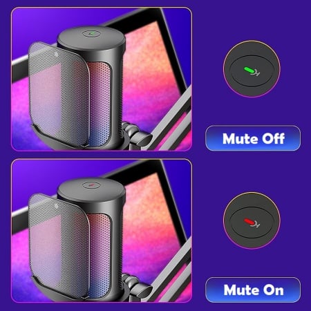 Microfon condensator AxaCube® pentru gaming, youtube, zoom, reducere zgomot fundal, functie mute, cardioid, lumina RGB, filtru pop, brat ajustabil, capsula 14mm, compatibil Windows, MacOS, PS4, PS5 [6]