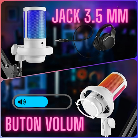 Microfon condensator AxaCube® pentru gaming, streaming, youtube, reducere zgomot fundal, functie mute, cardioid, lumina RGB, filtru pop, brat ajustabil, compatibil Windows, MacOS, PS4, PS5, USB, alb [7]