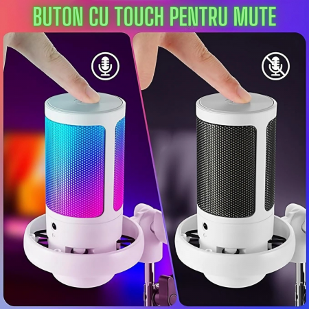 Microfon condensator AxaCube® pentru gaming, streaming, youtube, reducere zgomot fundal, functie mute, cardioid, lumina RGB, filtru pop, brat ajustabil, compatibil Windows, MacOS, PS4, PS5, USB, alb [5]