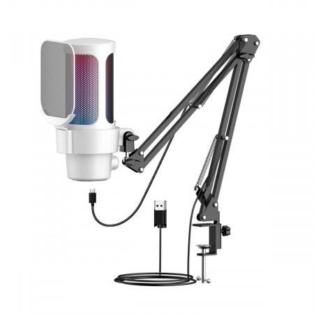 Microfoane PC - Microfon condensator AxaCube® pentru gaming, youtube, reducere zgomot fundal, functie mute, cardioid, lumina RGB, filtru pop, brat ajustabil, capsula 14mm, conexiune USB, compatibil Windows, MacOS, PS