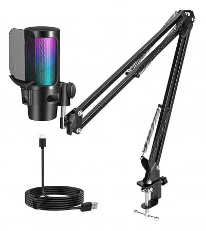Microfon condensator AxaCube® pentru gaming, youtube, zoom, reducere zgomot fundal, functie mute, cardioid, lumina RGB, filtru pop, brat ajustabil, capsula 14mm, compatibil Windows, MacOS, PS4, PS5 [0]